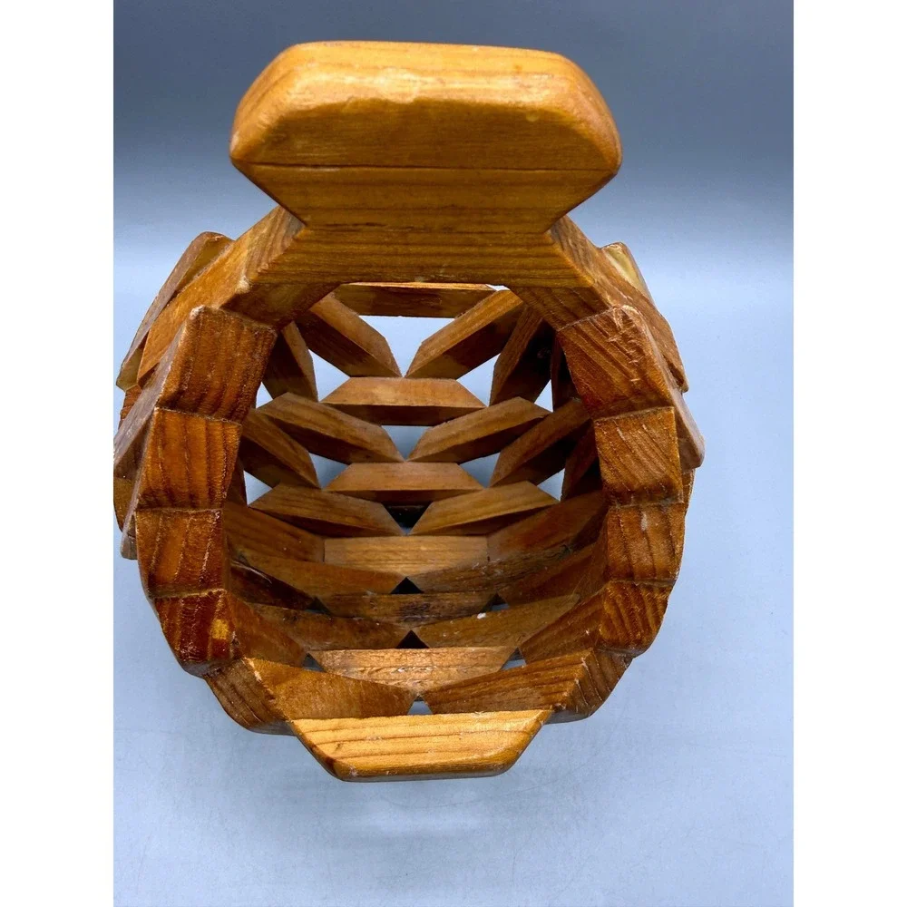 Vintage Folk Art Geometric Interlocking Wood Planter Basket MCM Handle Brown 9in